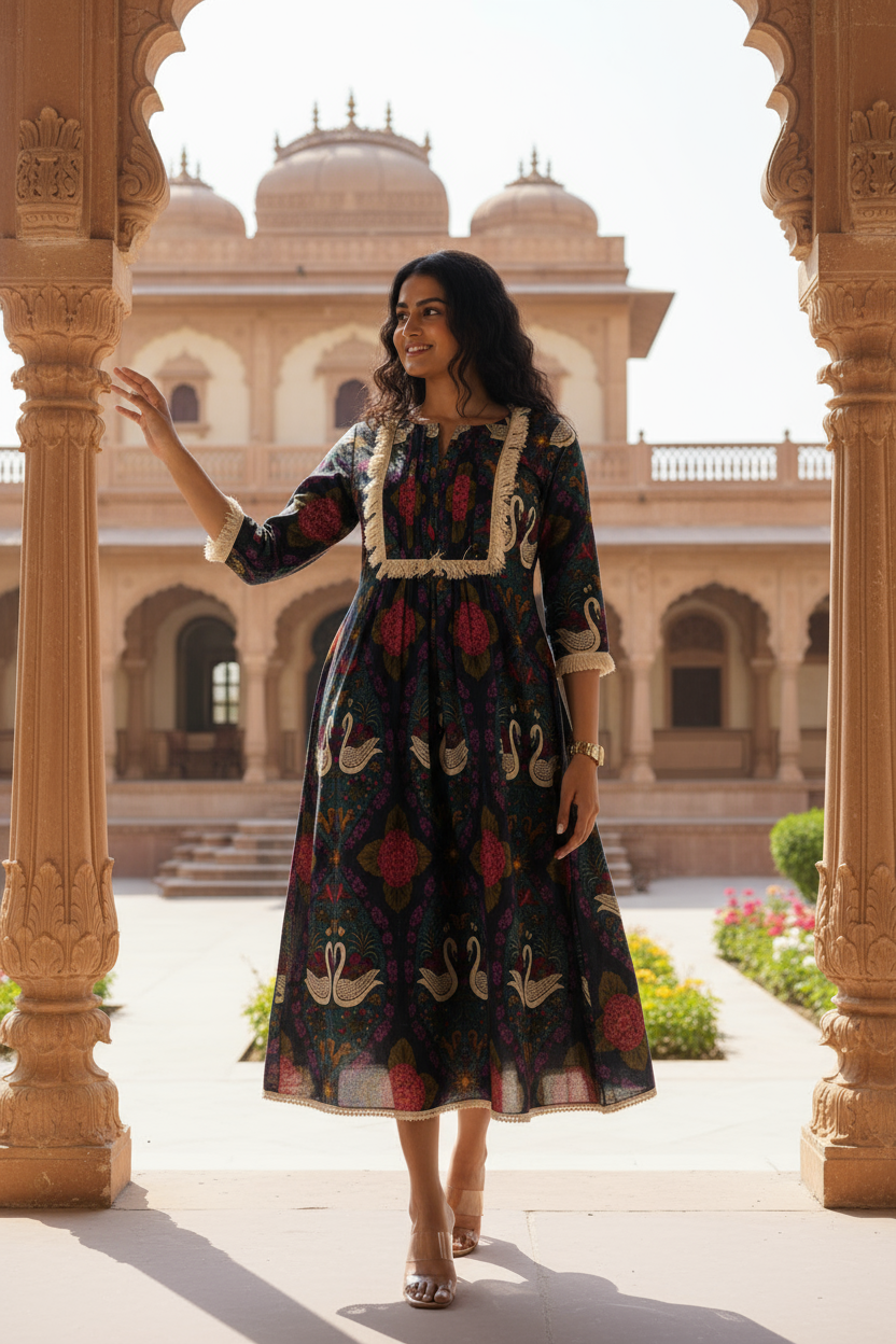 Swan Printed Cotton Dress With Ruffled Lace.