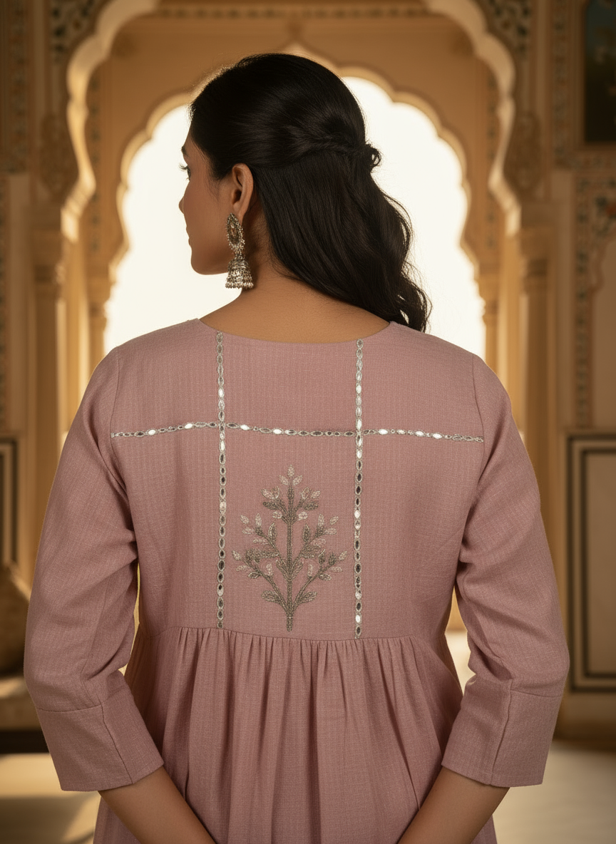 Lilac Organza Dress With Yoke Embroidery