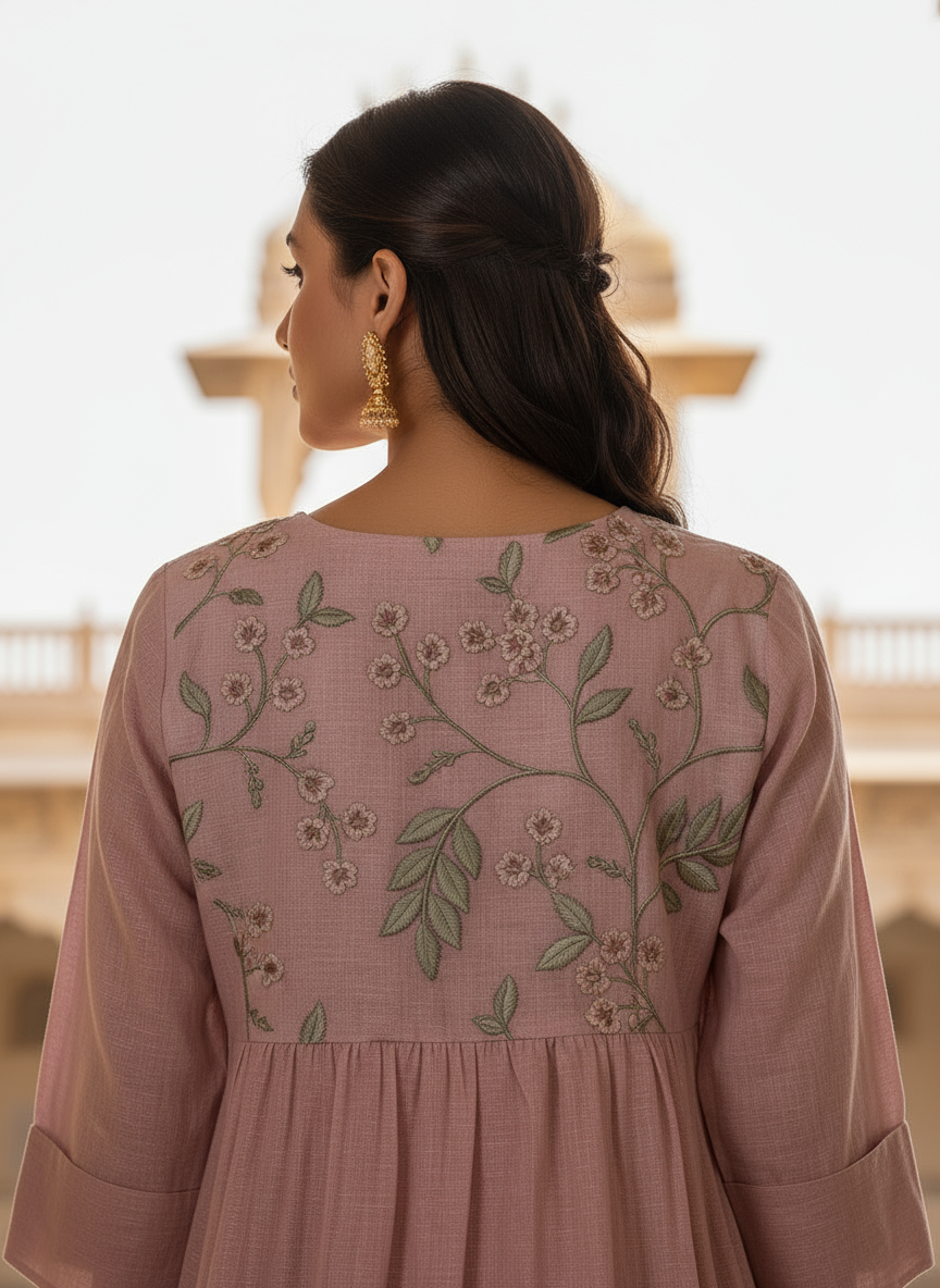 Lilac Organza Dress With Yoke Embroidery