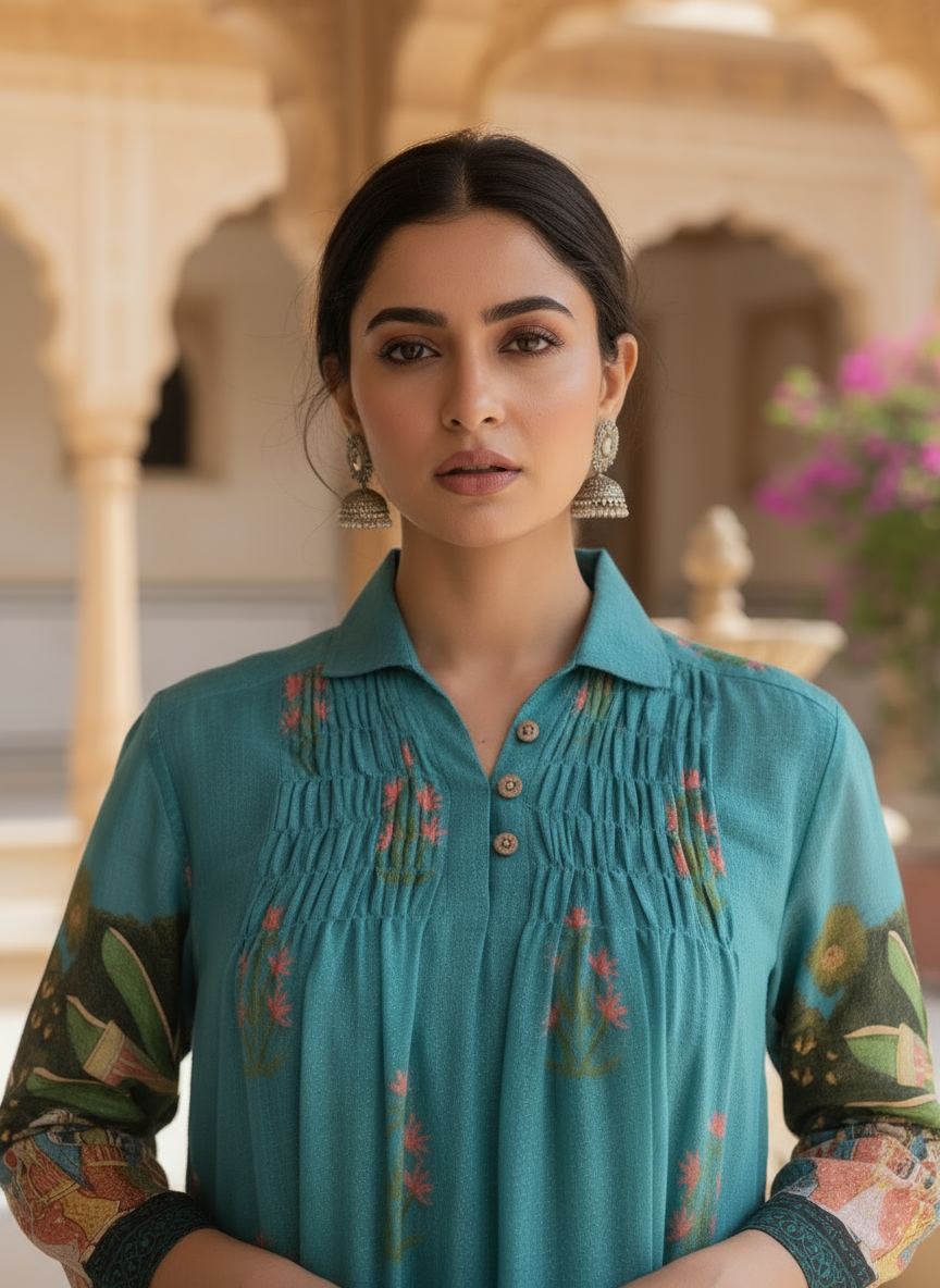 Teal cotton collared printed dress with pintuck detailing