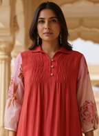 Pink & Red Ombre Rose Print Cotton Dress with Pleated Yoke & Shirt Collar