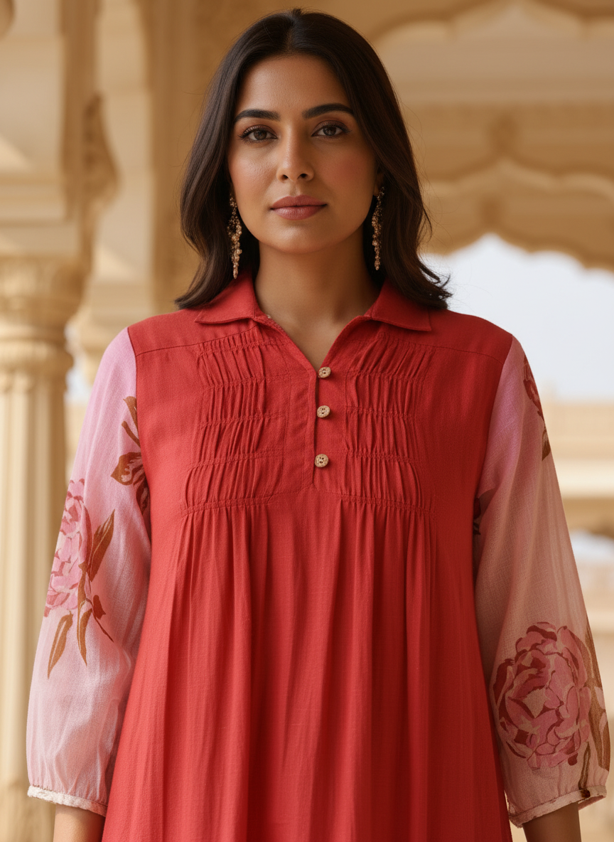 Pink & Red Ombre Rose Print Cotton Dress with Pleated Yoke & Shirt Collar