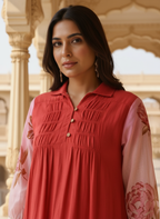 Pink & Red Ombre Rose Print Cotton Dress with Pleated Yoke & Shirt Collar