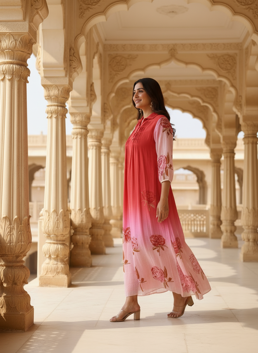Pink & Red Ombre Rose Print Cotton Dress with Pleated Yoke & Shirt Collar
