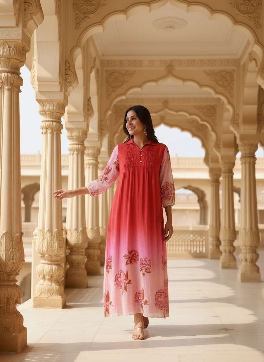 Pink & Red Ombre Rose Print Cotton Dress with Pleated Yoke & Shirt Collar