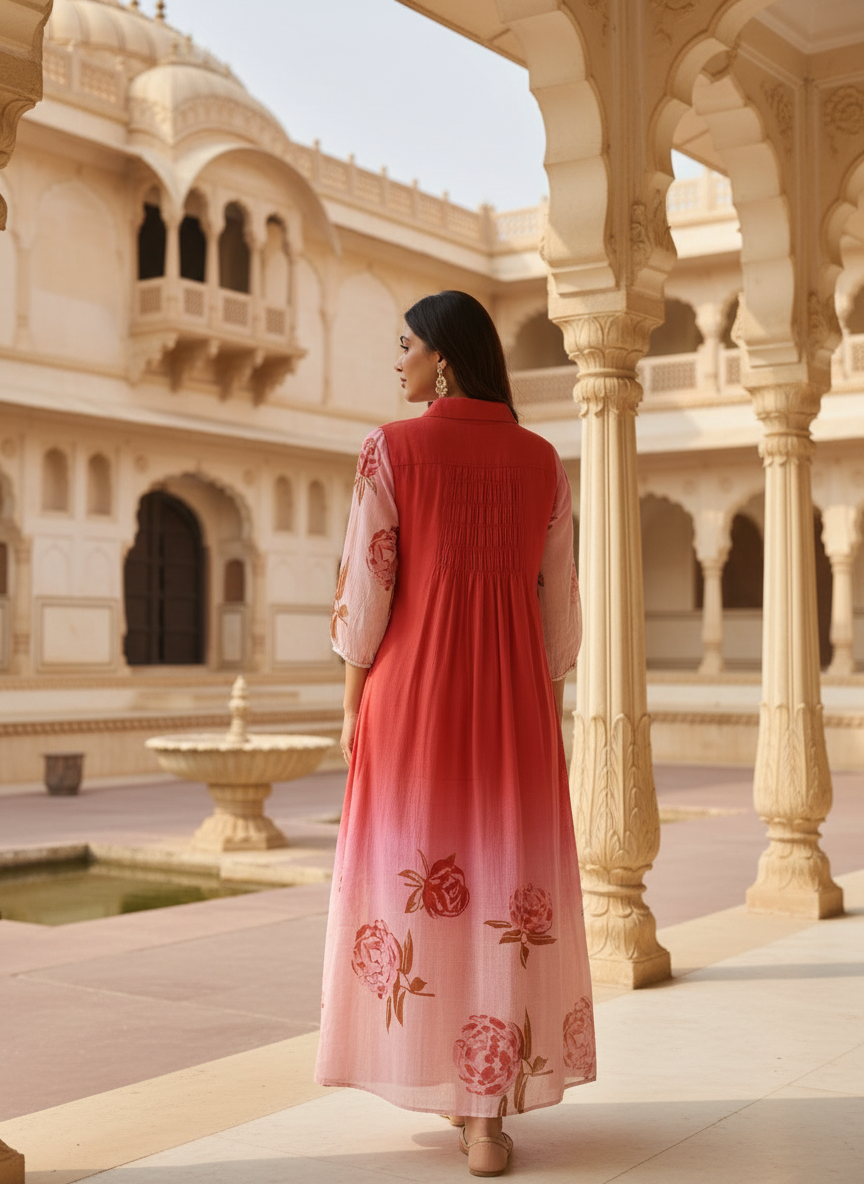 Pink & Red Ombre Rose Print Cotton Dress with Pleated Yoke & Shirt Collar