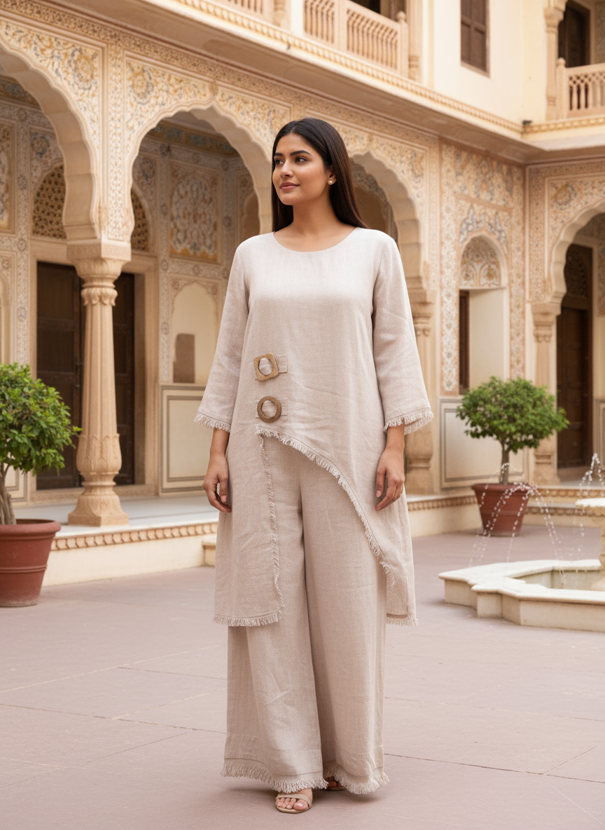 Pure linen beige co-ord set with frayed edges and wooden buckle accents.