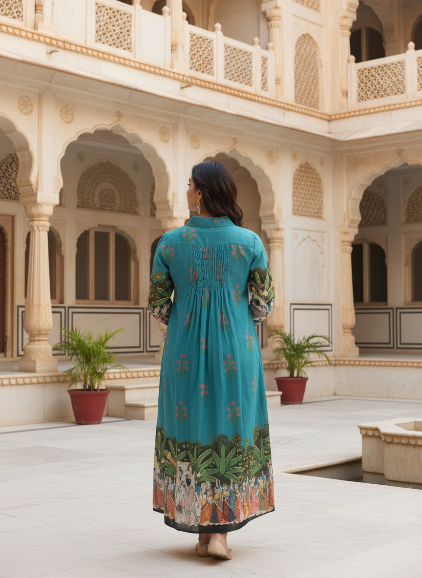 Teal cotton collared printed dress with pintuck detailing