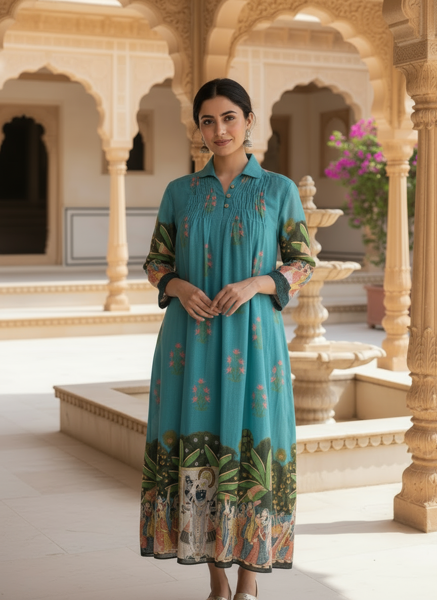 Teal cotton collared printed dress with pintuck detailing