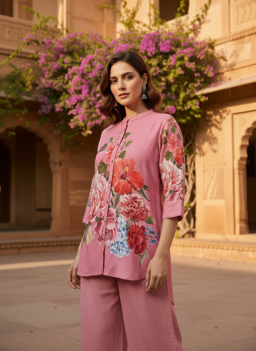 Rose Bloom Floral Kurti Set