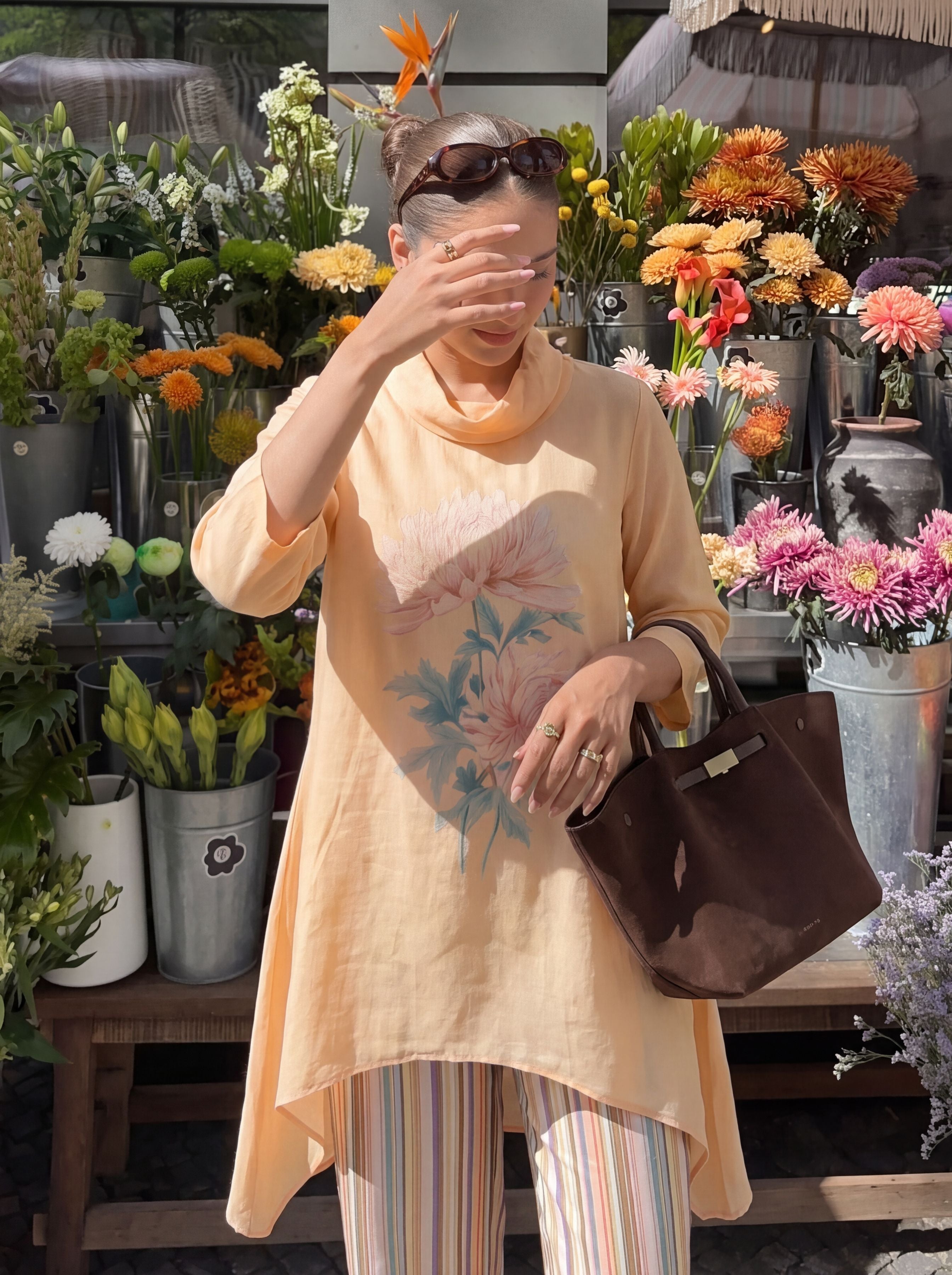 Peach Floral Printed Co-ord Set with Asymmetric Top and Striped Straight Pants