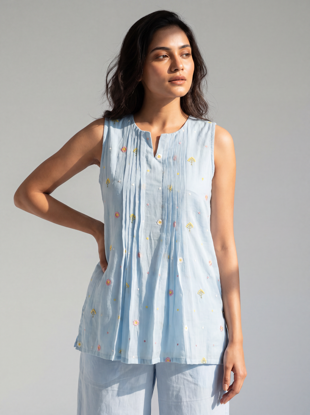 Powder Blue Embroidered Cotton Co-Ord Set