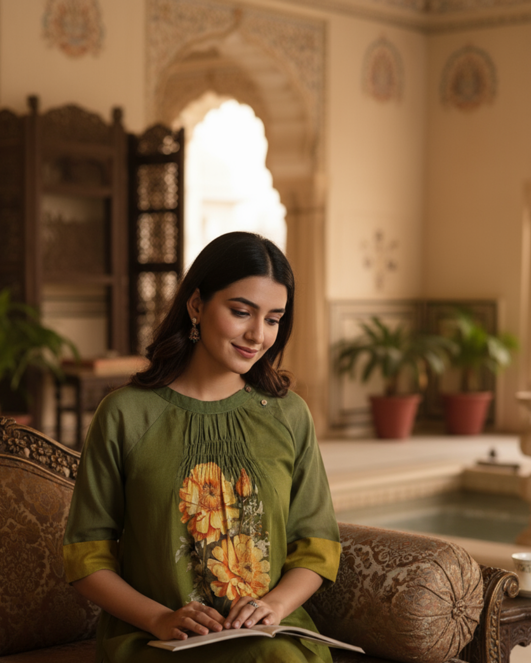 Golden Bloom Olive Green Floral Short Top