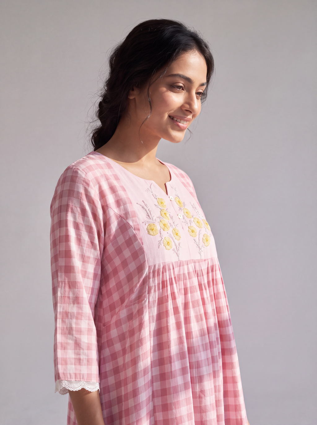 Pink Gingham Floral Embroidered Midi Dress