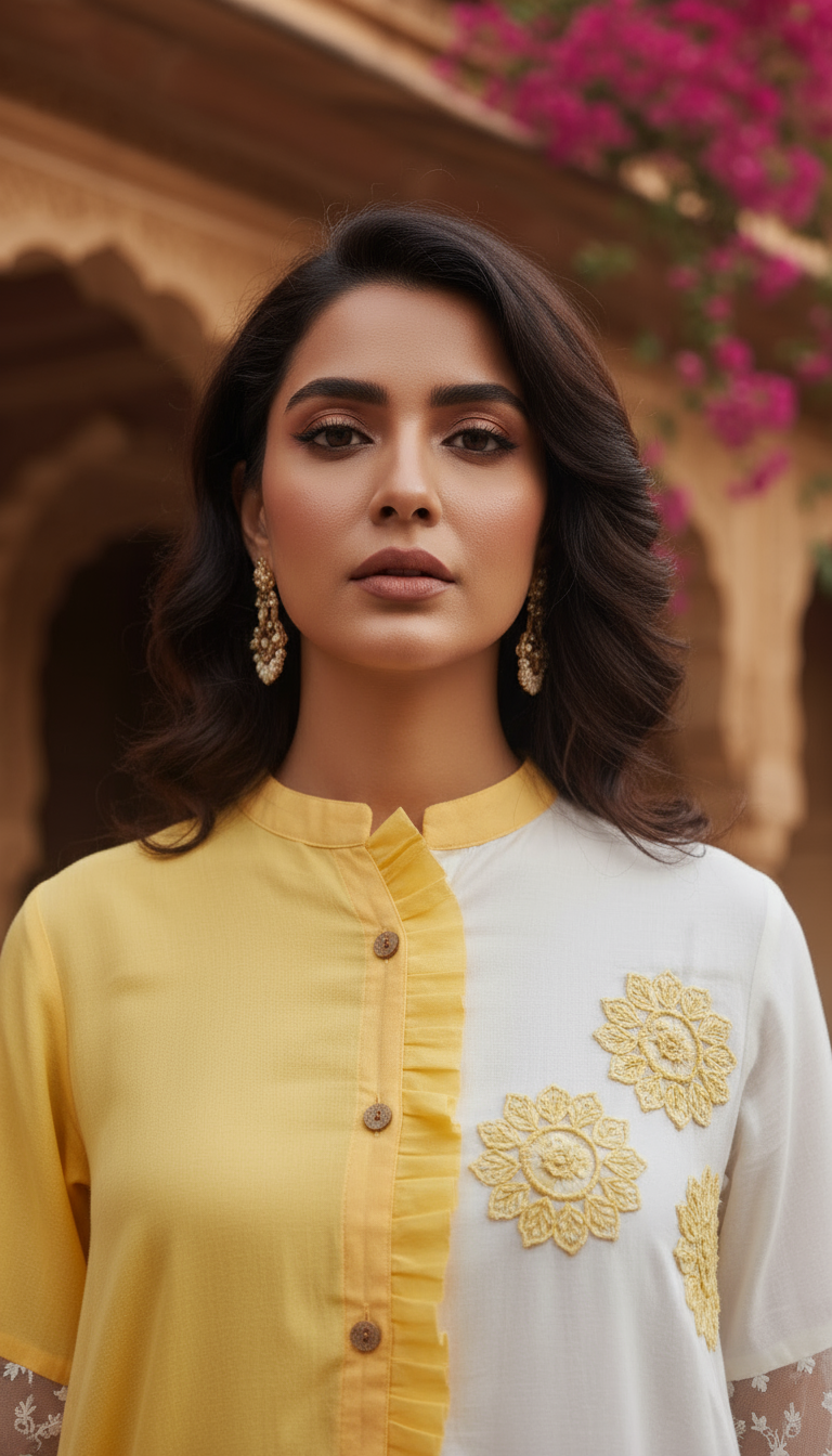 Yellow & White Dual-Tone Embroidered A-Line Kurti
