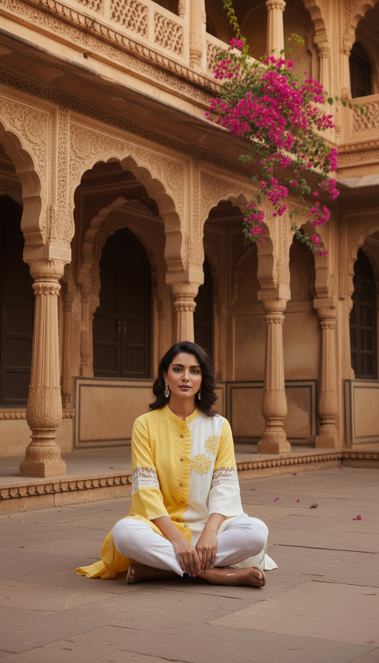 Yellow & White Dual-Tone Embroidered A-Line Kurti