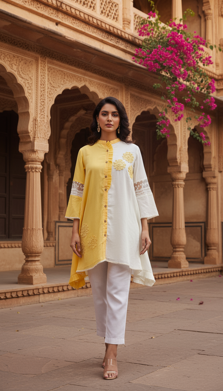 Yellow & White Dual-Tone Embroidered A-Line Kurti