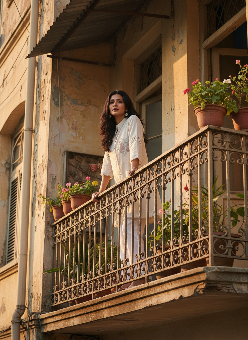 Ivory Embroidered Short Kurti with Lace Detailing With Pants