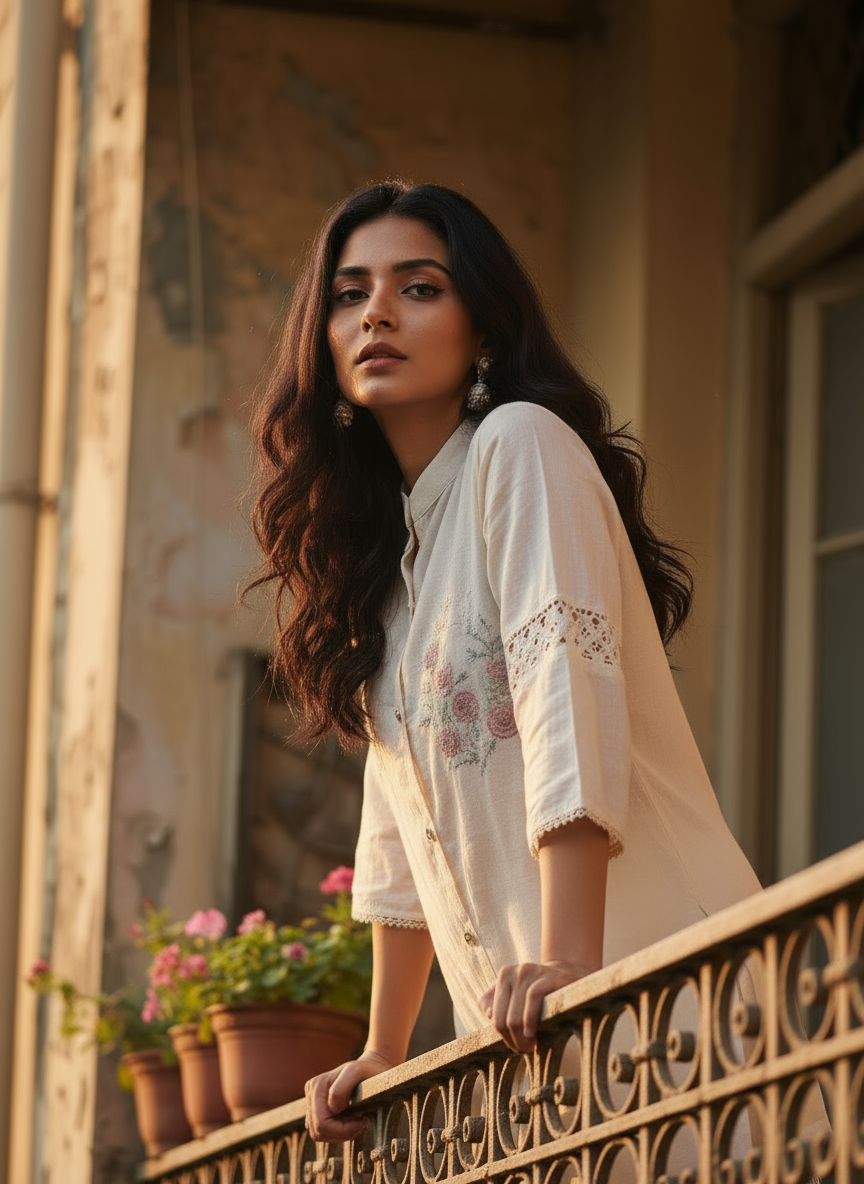 Ivory Embroidered Short Kurti with Lace Detailing With Pants