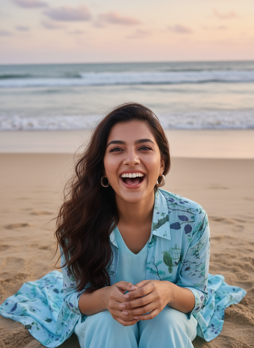 Woman sitting on a beach with ocean view, wearing a light blue floral dress.
